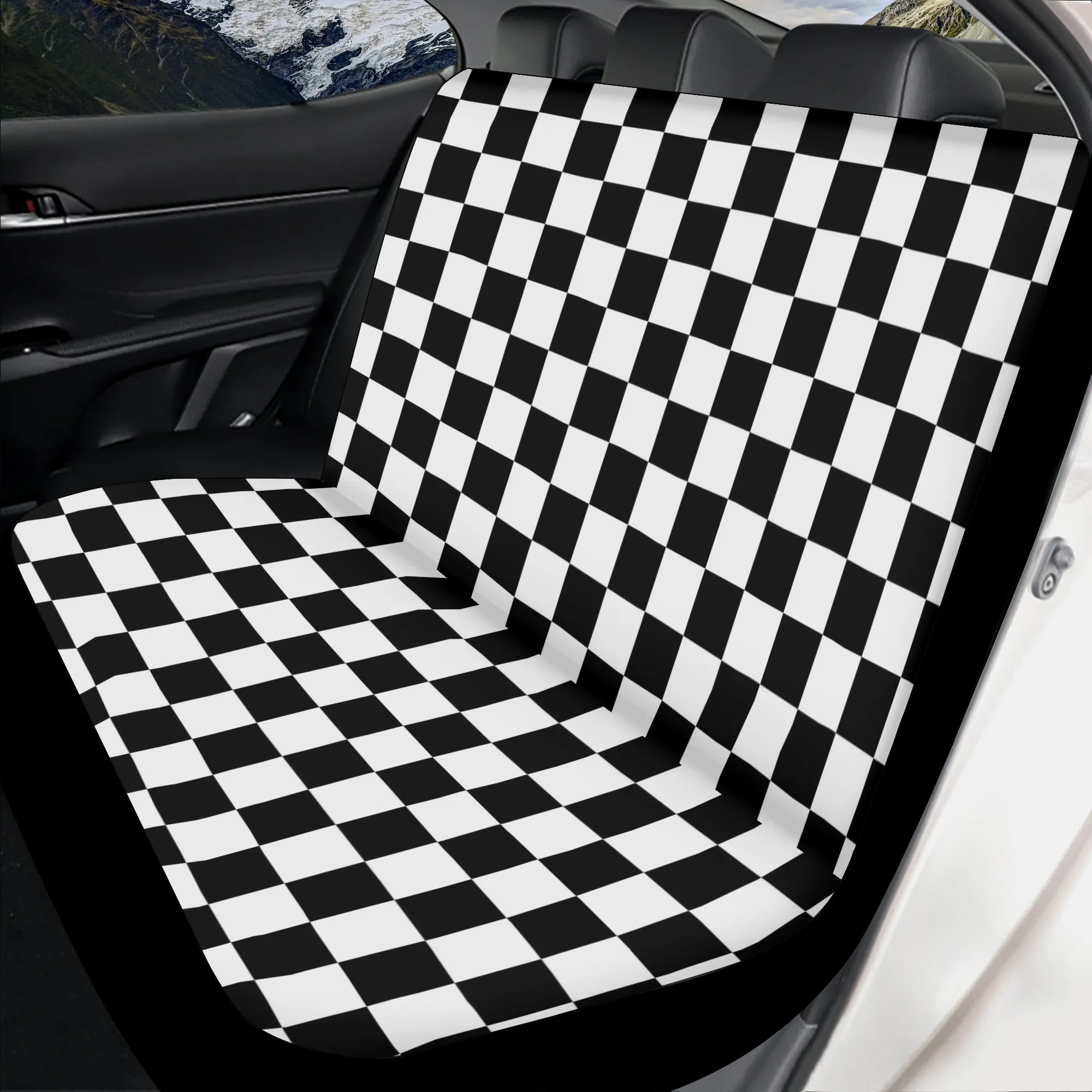 Checkered Front and Back Car Seat Covers Full Set (3 pcs), Black White Check Auto Front Dog Pet Vehicle SUV Universal Protector Men Women