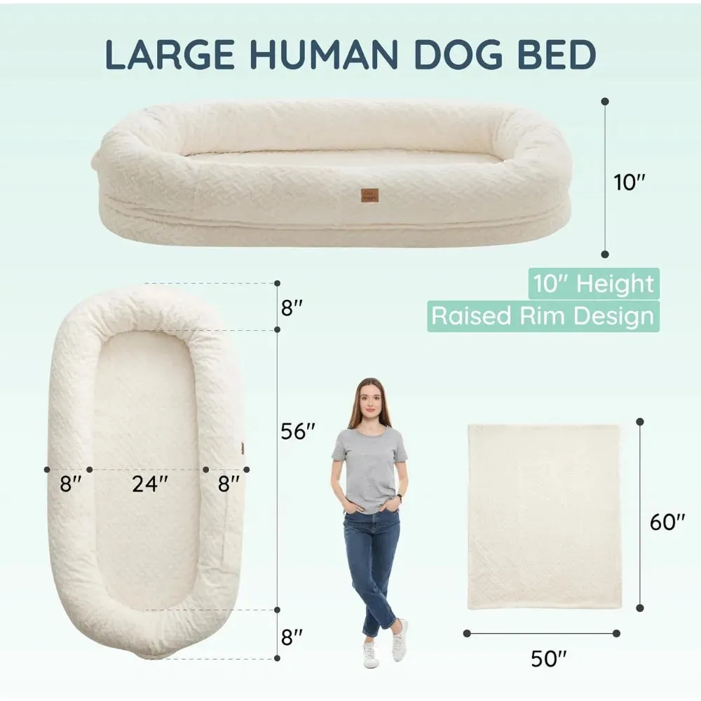 Human Dog Bed for Adults | Luxury Faux Fur Giant Human-Size Dog Bed with Portable Handle | Egg Orthopedic Foam