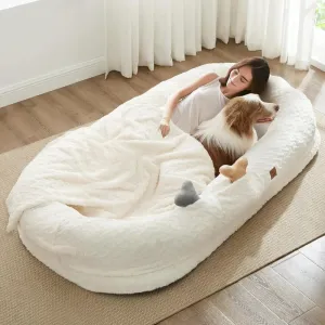 Human Dog Bed for Adults | Luxury Faux Fur Giant Human-Size Dog Bed with Portable Handle | Egg Orthopedic Foam