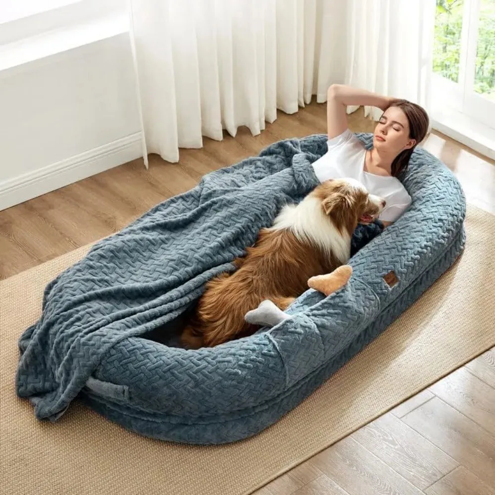 Human Dog Bed for Adults | Luxury Faux Fur Giant Human-Size Dog Bed with Portable Handle | Egg Orthopedic Foam