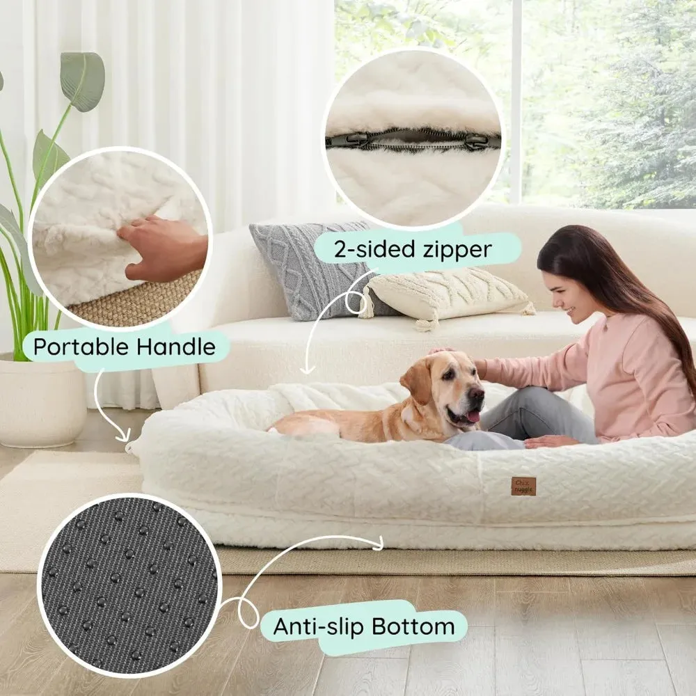 Human Dog Bed for Adults | Luxury Faux Fur Giant Human-Size Dog Bed with Portable Handle | Egg Orthopedic Foam