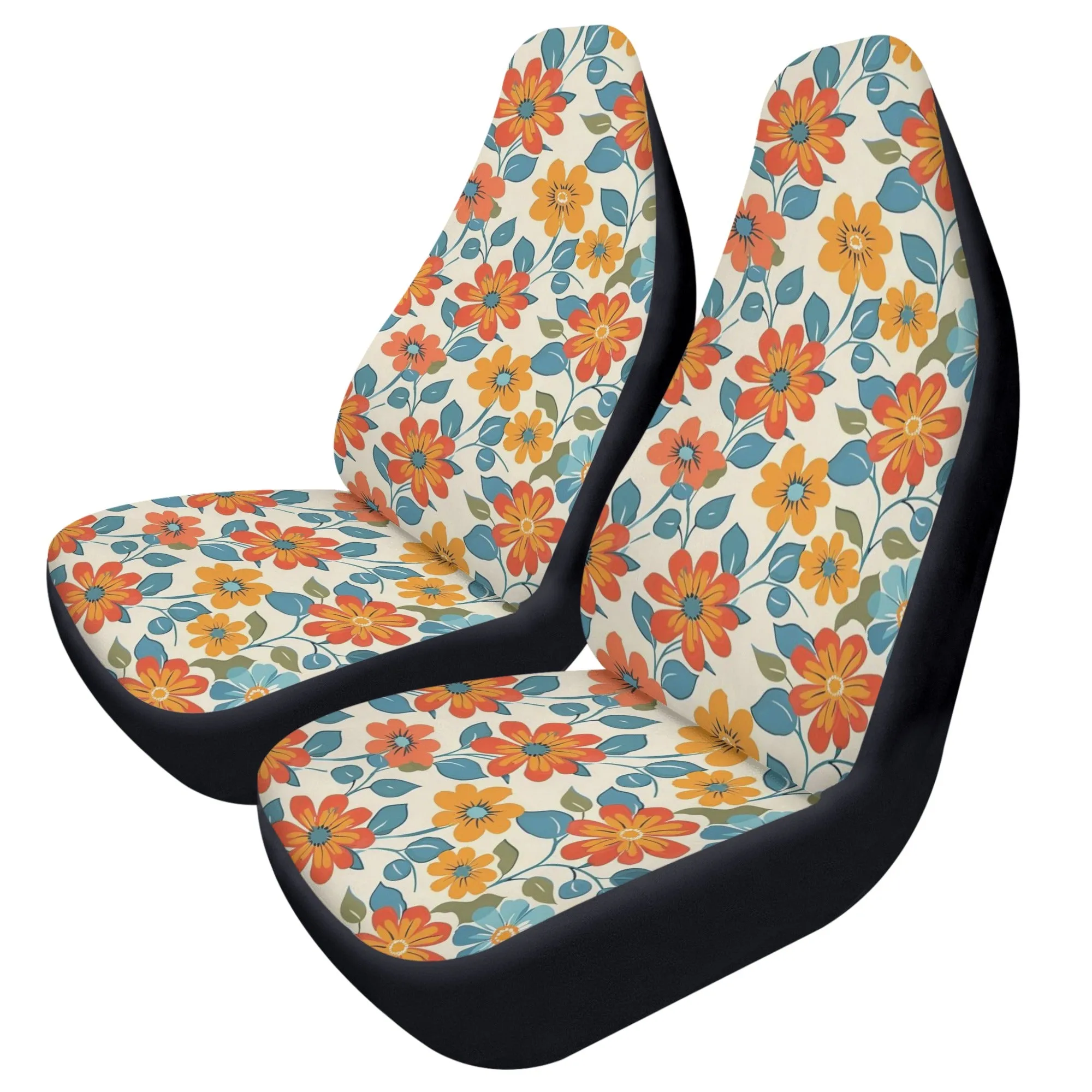 Retro Floral Car Seat Covers (2 pcs), 1970s Vintage Groovy Boho Flowers Pattern Auto Front Dog Pet Vehicle SUV Universal Protector Men Women