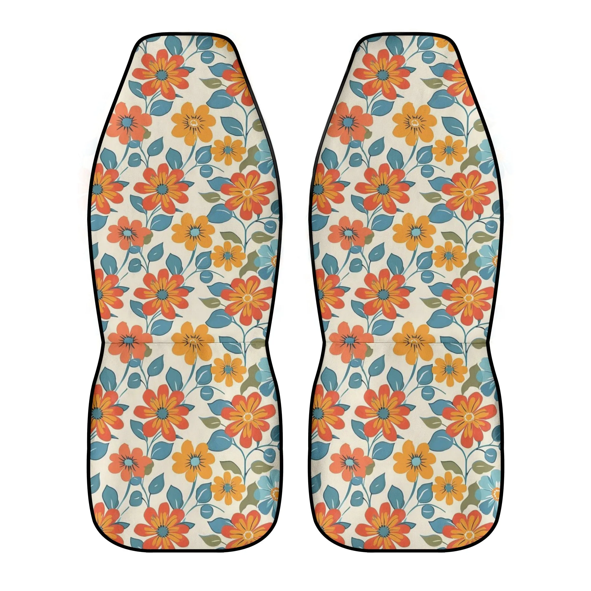 Retro Floral Car Seat Covers (2 pcs), 1970s Vintage Groovy Boho Flowers Pattern Auto Front Dog Pet Vehicle SUV Universal Protector Men Women