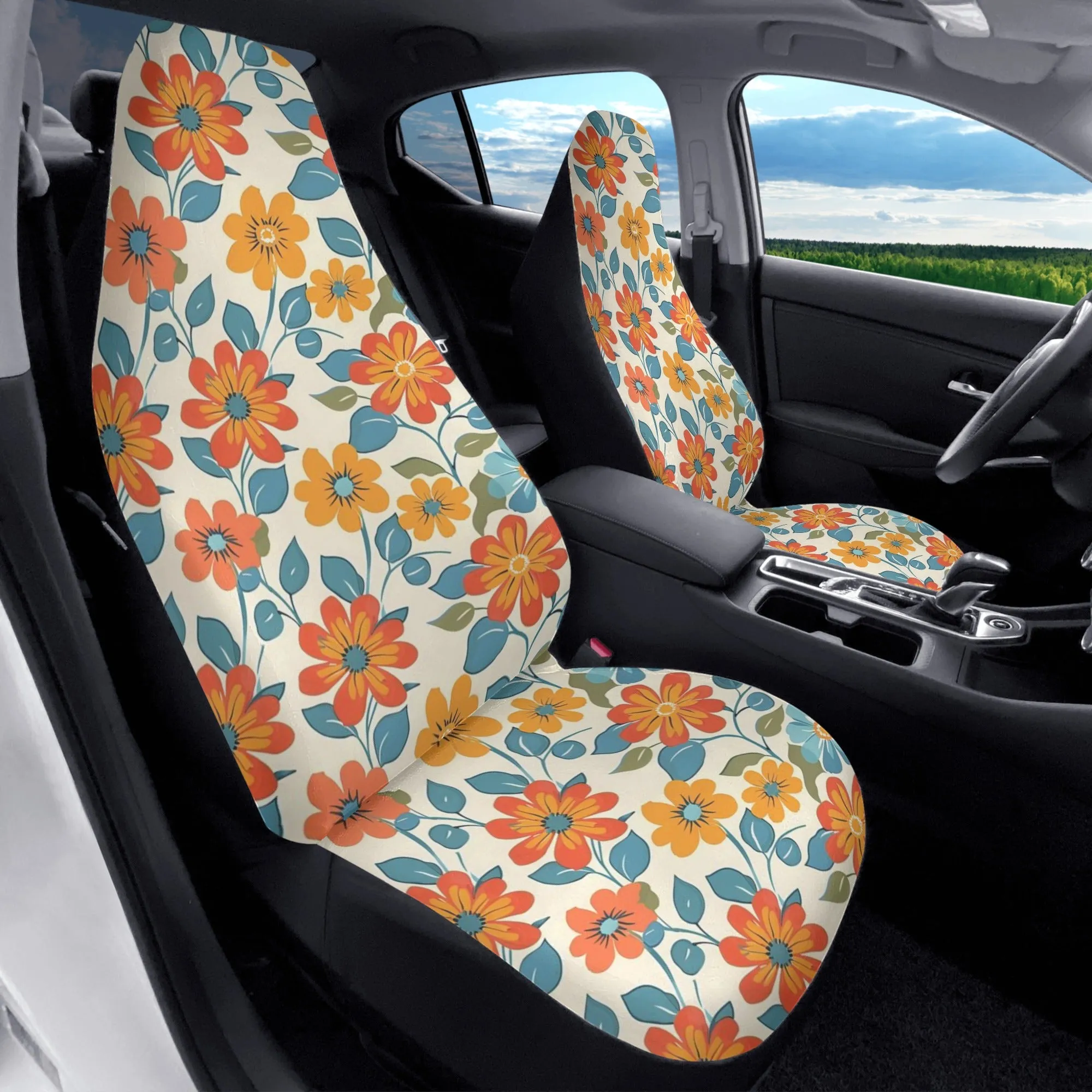 Retro Floral Car Seat Covers (2 pcs), 1970s Vintage Groovy Boho Flowers Pattern Auto Front Dog Pet Vehicle SUV Universal Protector Men Women