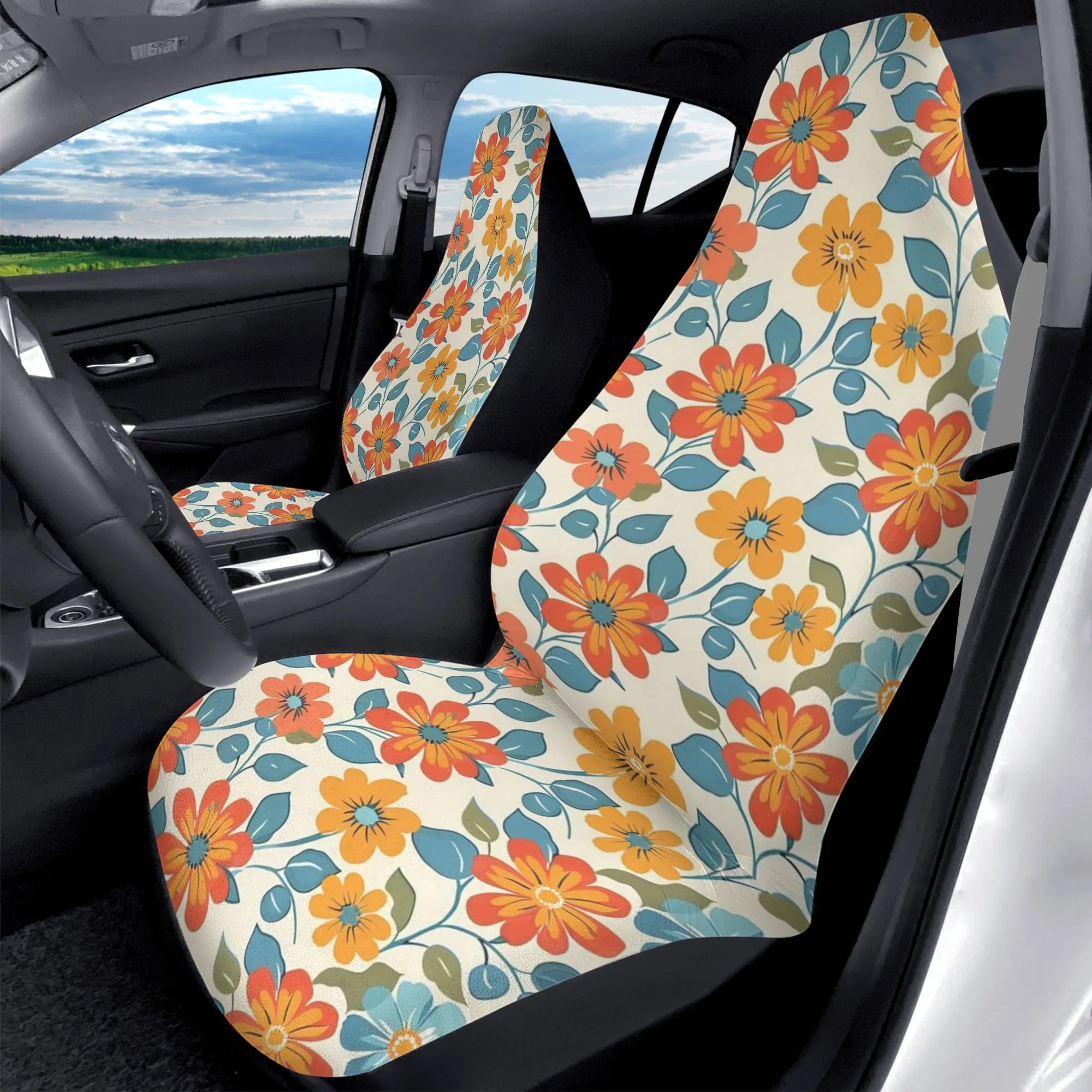 Retro Floral Car Seat Covers (2 pcs), 1970s Vintage Groovy Boho Flowers Pattern Auto Front Dog Pet Vehicle SUV Universal Protector Men Women