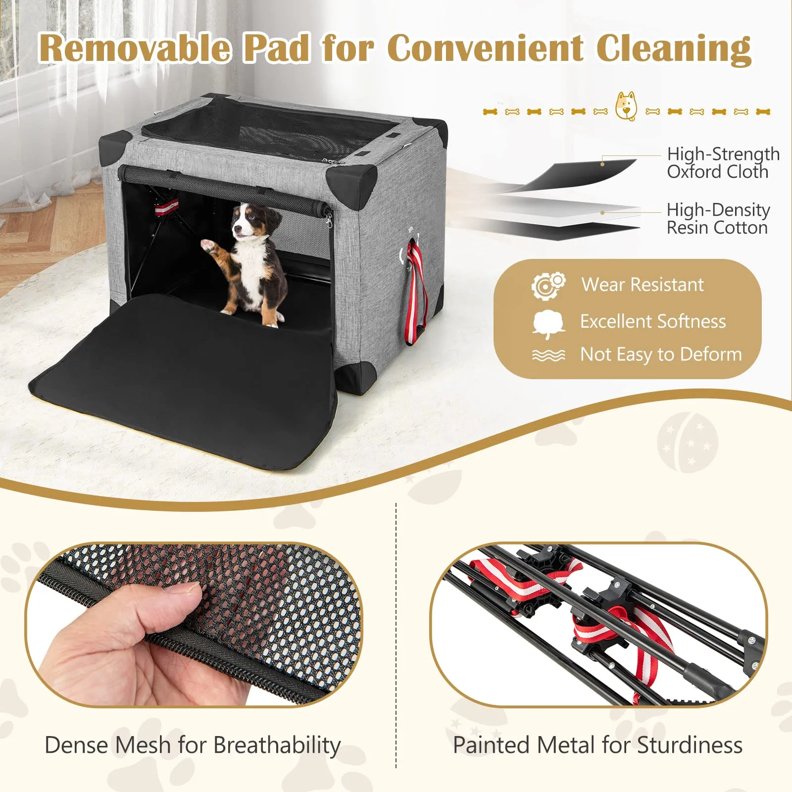 Tangkula 3-Door Folding Dog Crate, Soft Kennel with Removable Pad & Metal Frame