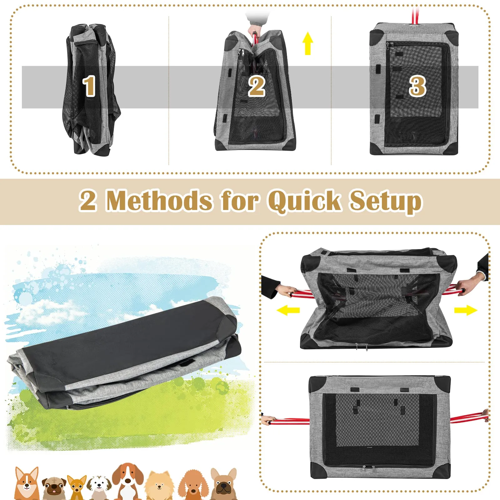 Tangkula 3-Door Folding Dog Crate, Soft Kennel with Removable Pad & Metal Frame