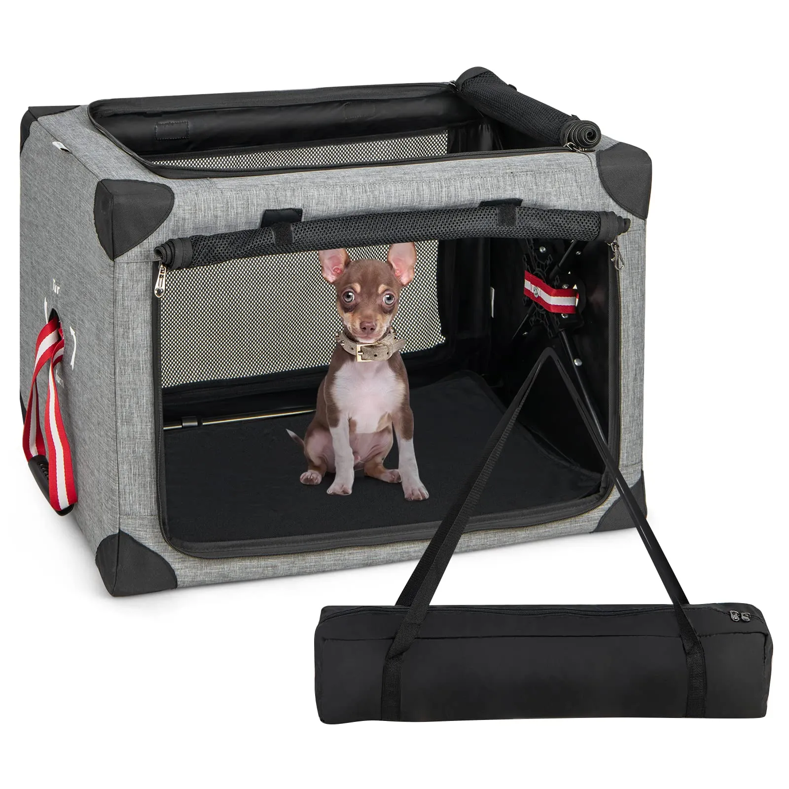 Tangkula 3-Door Folding Dog Crate, Soft Kennel with Removable Pad & Metal Frame