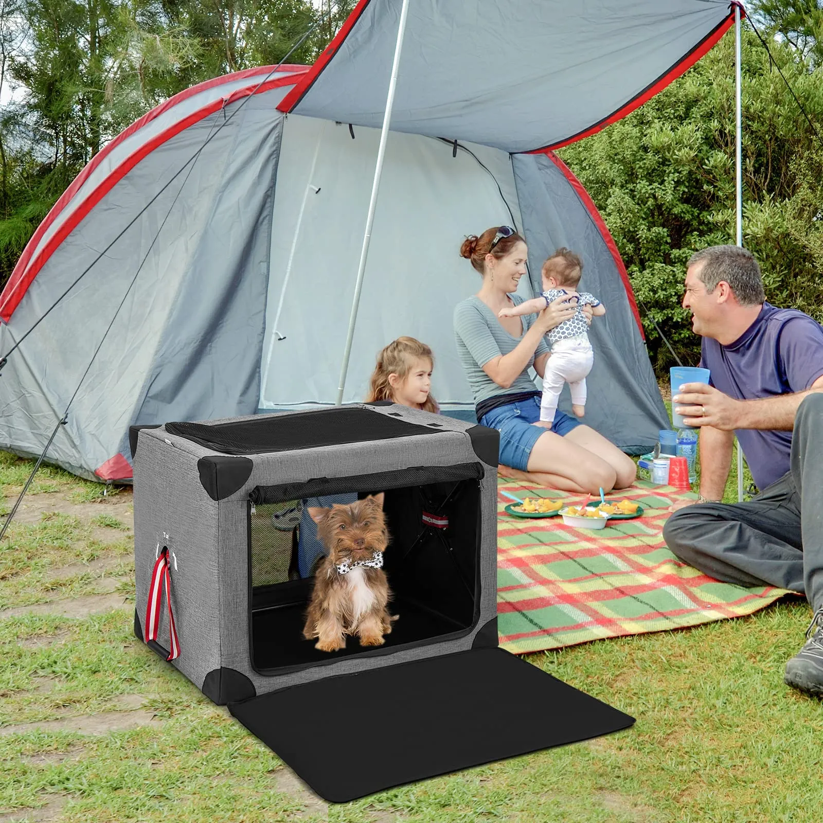 Tangkula 3-Door Folding Dog Crate, Soft Kennel with Removable Pad & Metal Frame