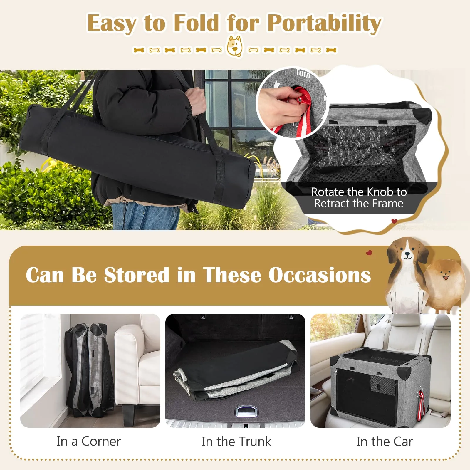 Tangkula 3-Door Folding Dog Crate, Soft Kennel with Removable Pad & Metal Frame
