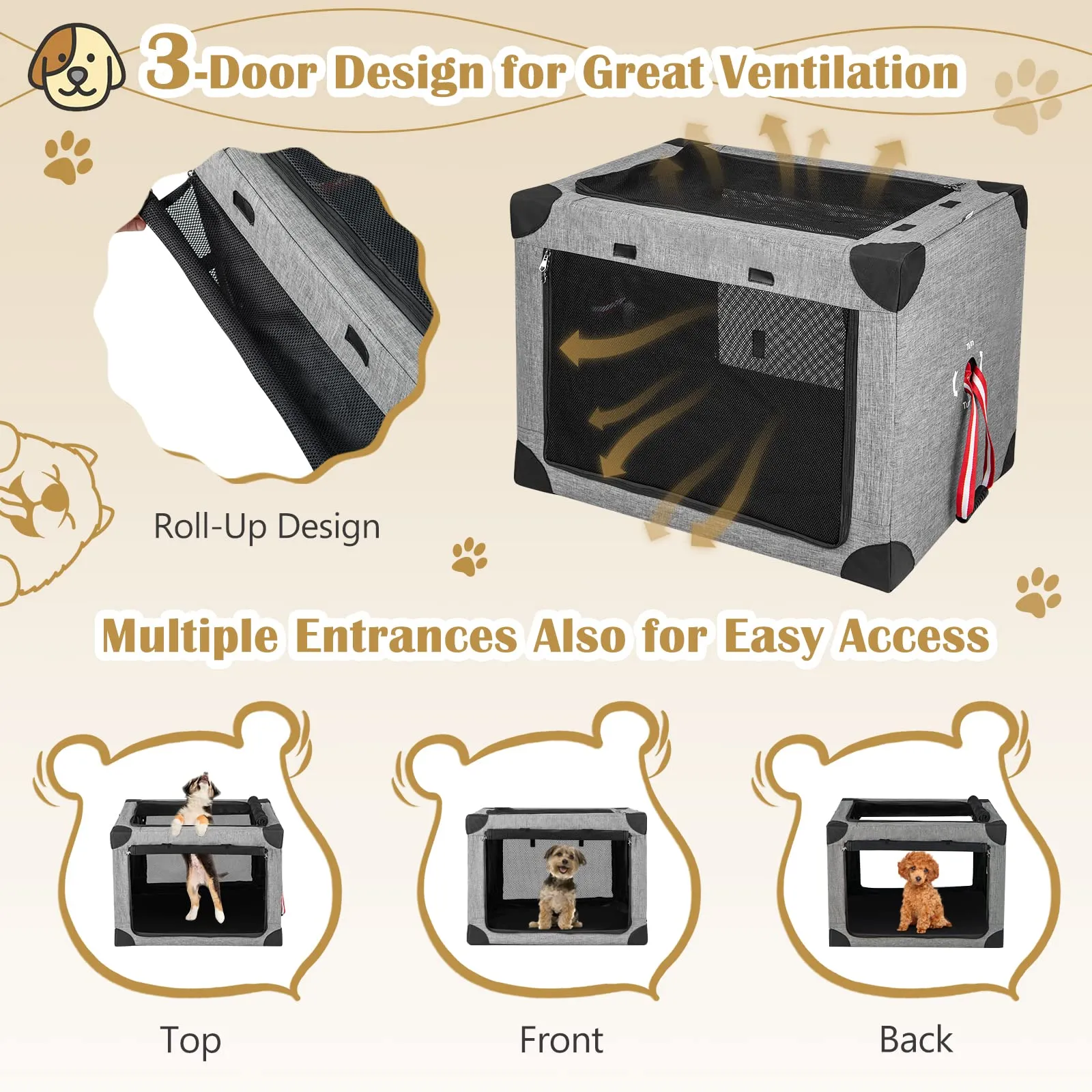 Tangkula 3-Door Folding Dog Crate, Soft Kennel with Removable Pad & Metal Frame