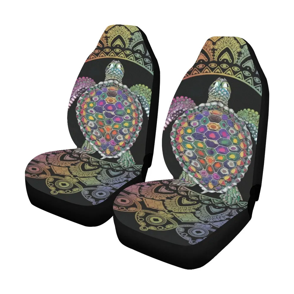 Turtle Mandala Boho Car Seat Covers 2 pc, Tribal Black Pattern Bohemian Art Front Auto SUV Protector Accessory Decor Automotive Universal